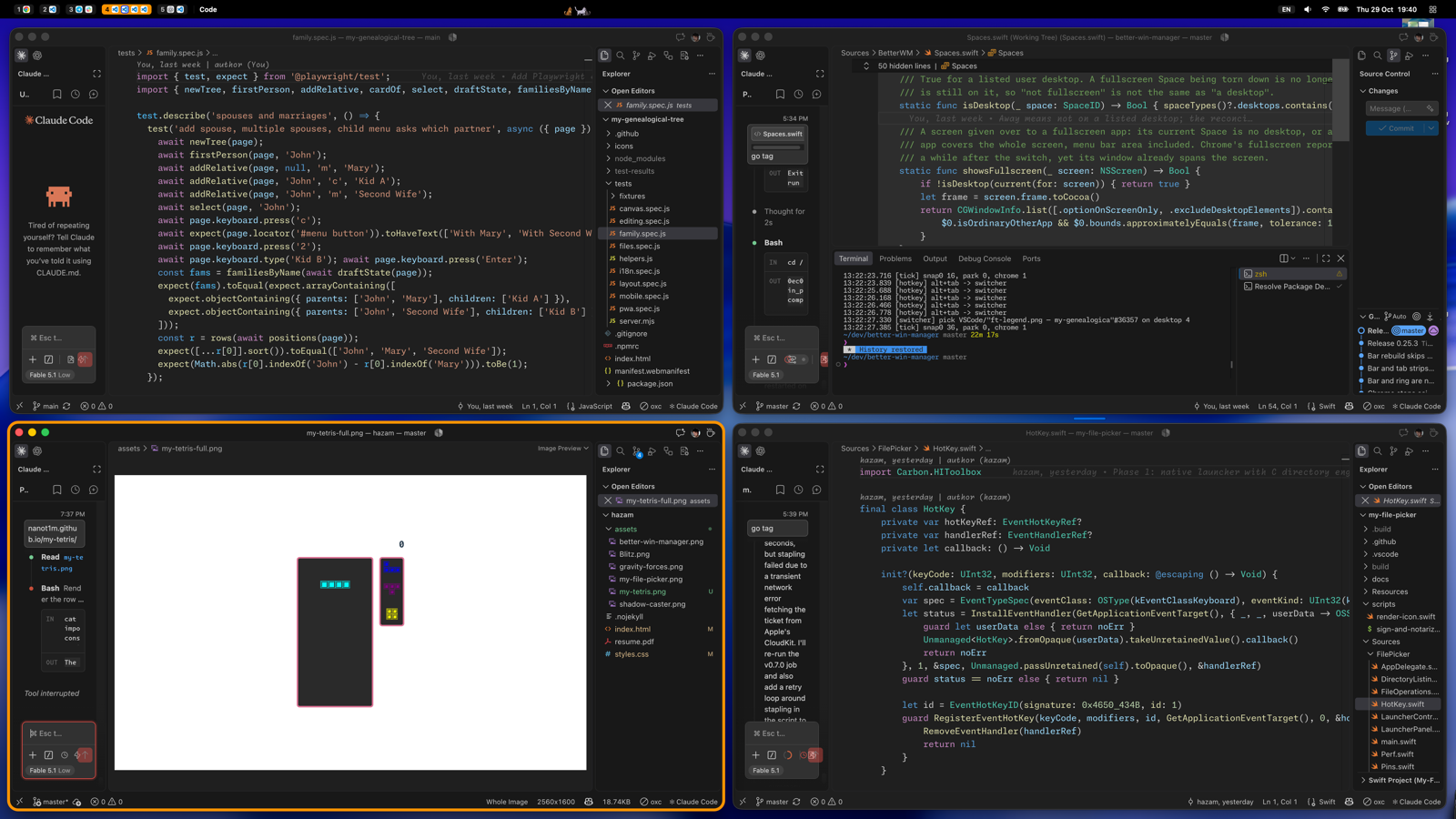 Mac desktop arranged into tiled window columns