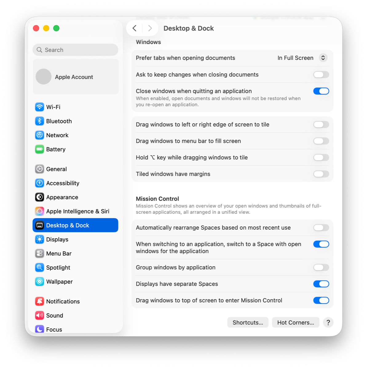 System Settings › Desktop & Dock, Mission Control section
