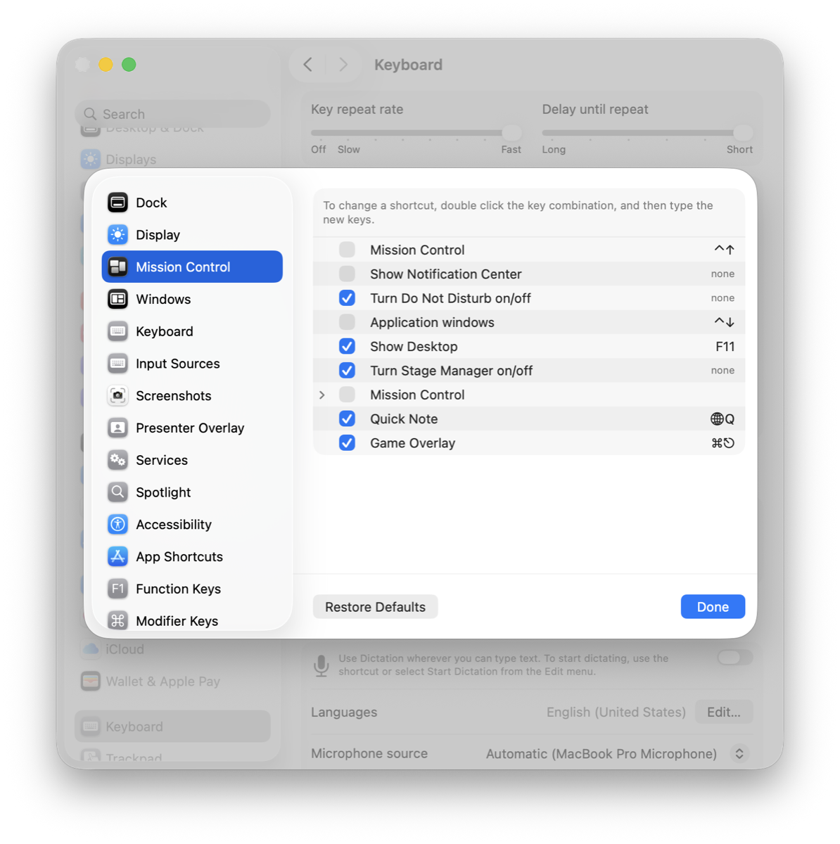 Keyboard Shortcuts › Mission Control with the Mission Control rows unticked