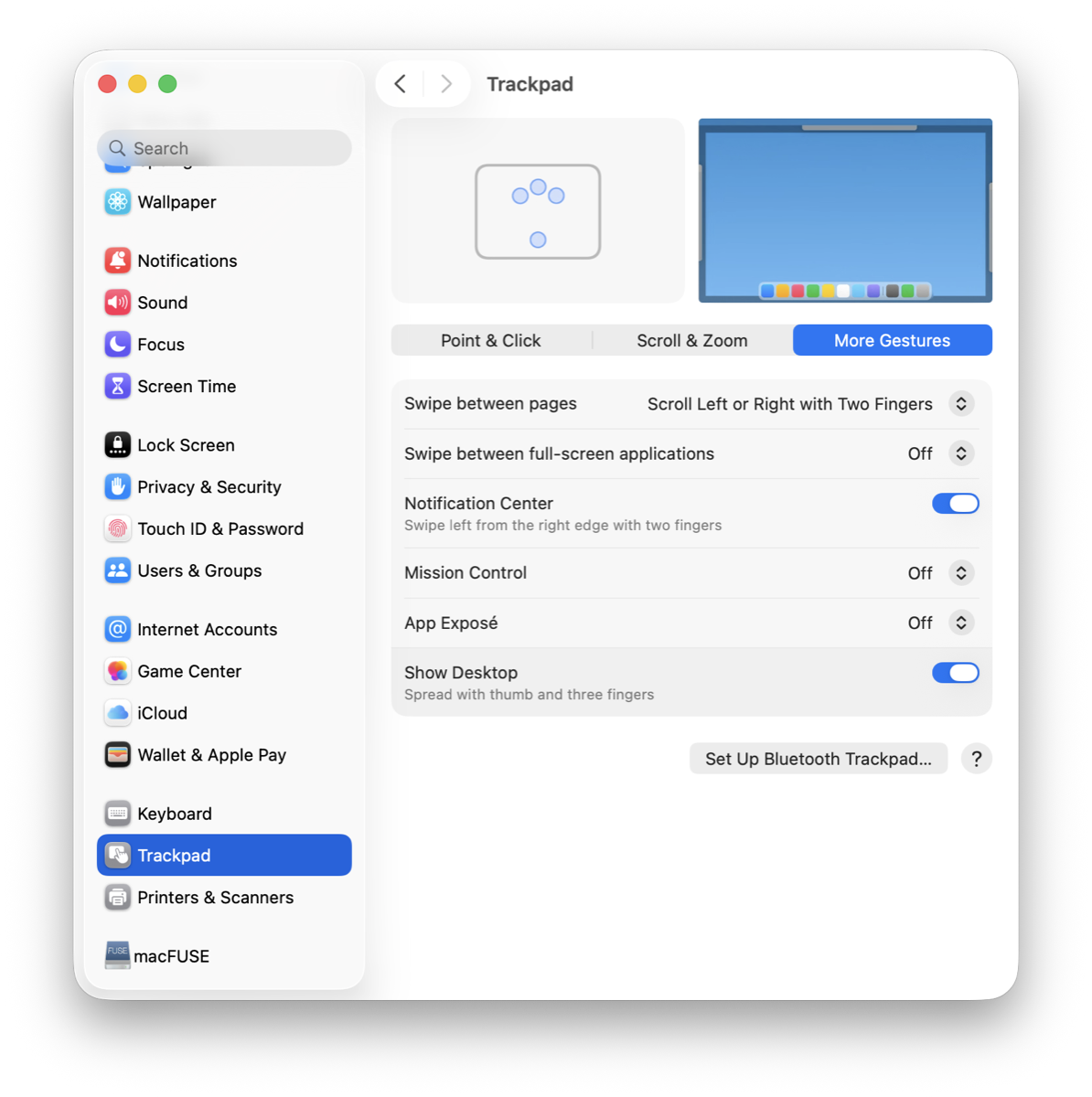 Trackpad › More Gestures with Mission Control gestures off
